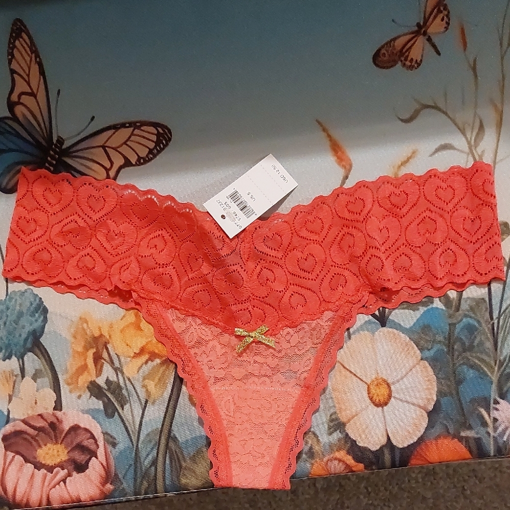 Pink Lace Heart Print Thong